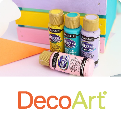 Pinturas de colores brillantes de Decoart Americana sobre un fondo colorido.